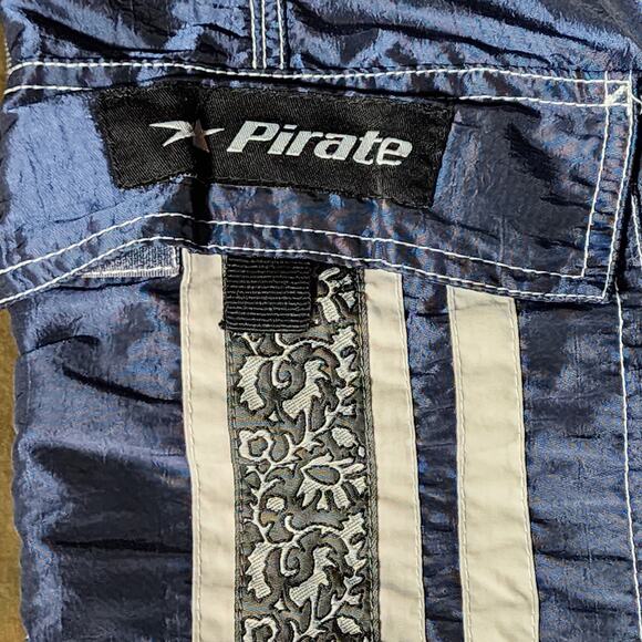 Vtg Pirate Board Shorts sz 34 Men Satin Navy Blue Nylon 90s Y2K Swim Trunks 9" - Picture 3 of 11